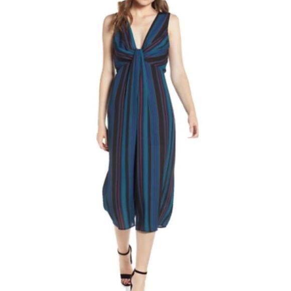 Leith Wide Leg Jumpsuit Women's Size S Striped Blue Plunge V-Neck Career - Picture 1 of 7